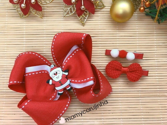 kIT Laço Papai Noel 2 + Par de Hair clips