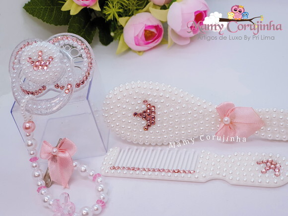 Kit Pente + escova + chupeta + prendedor fixo princess