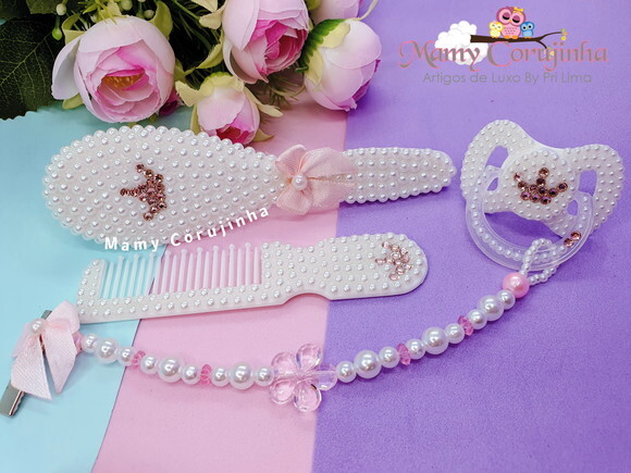 Kit Pente + escova + chupeta + prendedor fixo princess