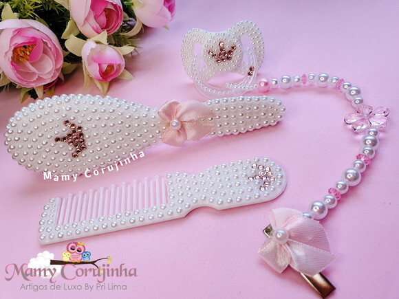 Kit Pente + escova + chupeta + prendedor fixo princess