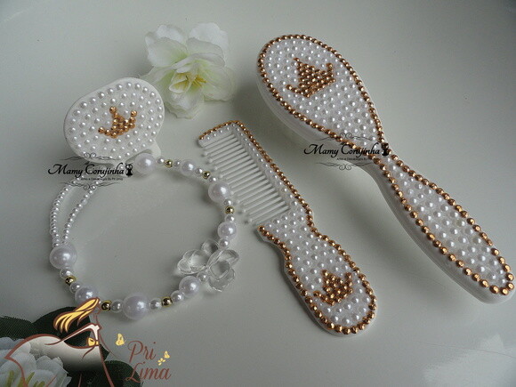 Kit pente bebe + escova coroa dourada