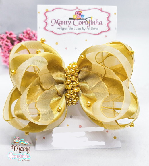 Laço Organza Chuva de Pérolas Dourada