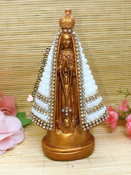 Nossa Senhora 16cm pedrarias branca com dourado