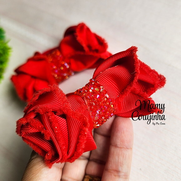 Par Laço Rosa Strass Luxo