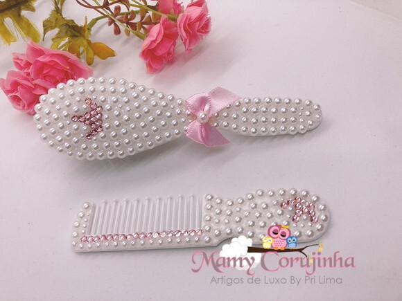 Pente + escova coroa rosa bebe
