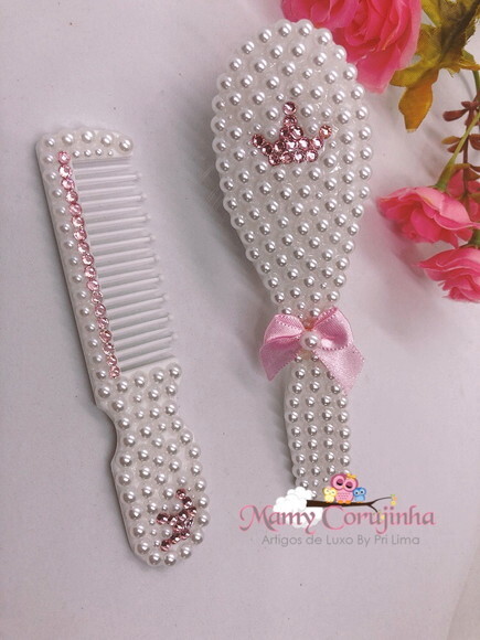 Pente + escova coroa rosa bebe