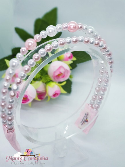 Tiara em Pérola Branco e Rosa
