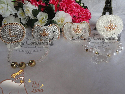 Chupeta Luxo + Prendedor para Bebê ou Boneca Reborn  Prata