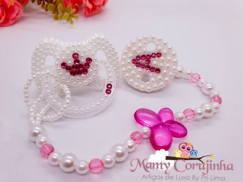 Chupeta Luxo + Prendedor para Bebê ou Boneca Reborn  Pink com br