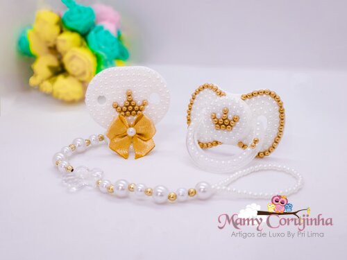 Chupeta Luxo + Prendedor para Bebê Princess dourado