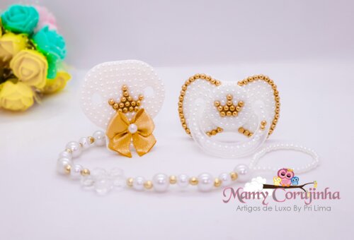 Chupeta Luxo + Prendedor para Bebê Princess dourado