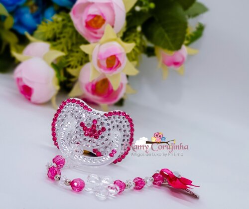Chupeta em pérolas com prendedor simples fixo- Pink com strass p