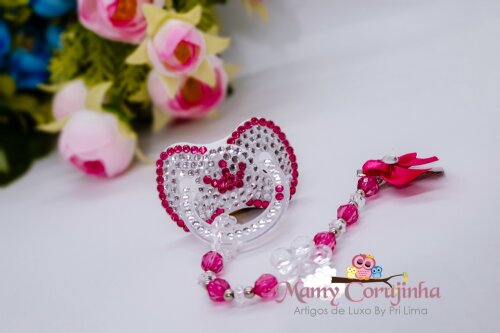 Chupeta em pérolas com prendedor simples fixo- Pink com strass prata