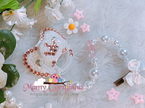 Chupeta Lillo strass rosa bebe com perolas branca