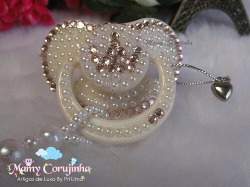 Chupeta perola branca e strass rosa bebe clean