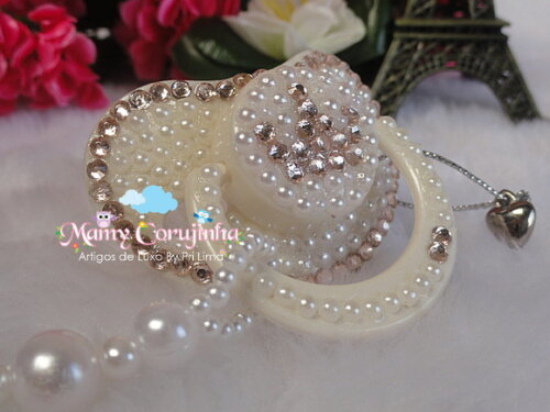 Chupeta perola branca e strass rosa bebe clean