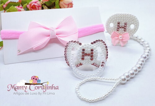 Kit Chupeta + Prendedor Luxo + Faixa Rn Rosa