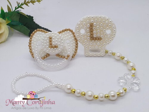 Kit chupeta + prendedor luxo marfim L