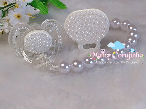 Kit chupeta pérola + prendedor luxo Batismo
