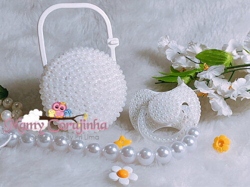 Kit Chupeta Pérolas + Porta Chupeta + Prendedor