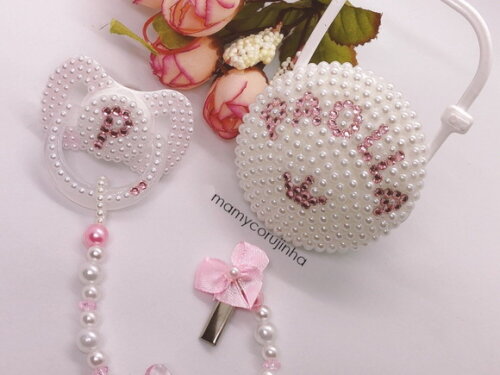 Kit Chupeta Pérolas + Porta Chupeta + Prendedor