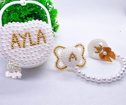 Kit Chupeta Pérolas + Porta Chupeta + Prendedor Dourado