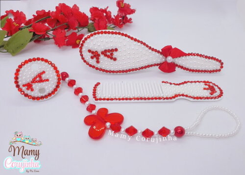Kit Escova + Pente + Prendedor de Luxo Vermelho a