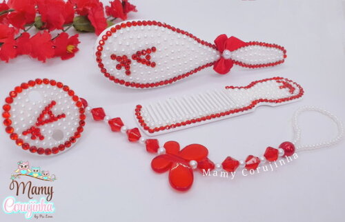 Kit Escova + Pente + Prendedor de Luxo Vermelho a