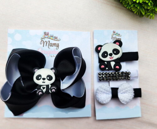 Kit Laço e Hair Clips Panda