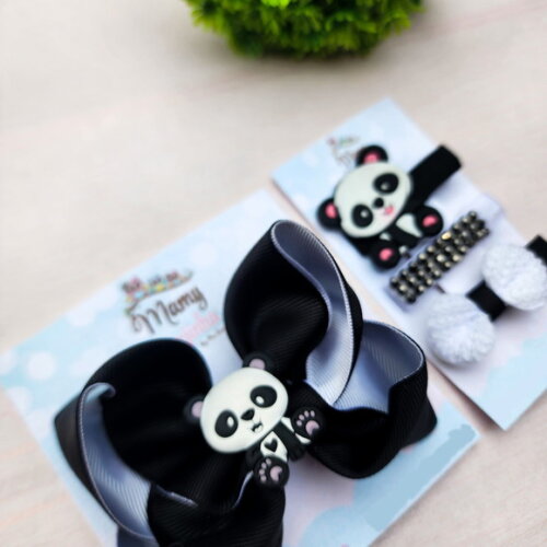 Kit Laço e Hair Clips Panda