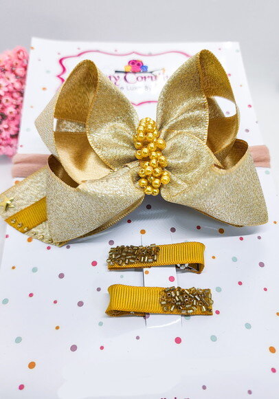 Kit Laço Luxo Dourado + Hair Clips