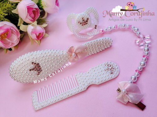 Kit Pente + escova + chupeta + prendedor fixo princess