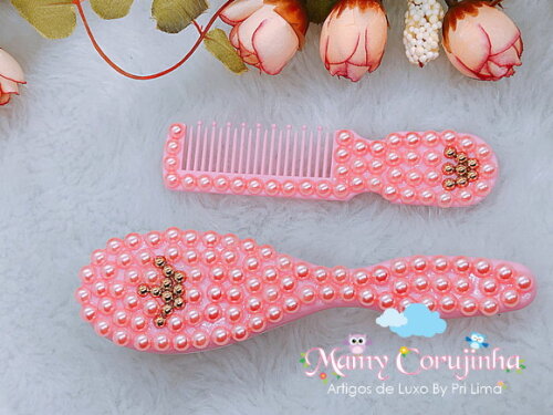Kit pente bebe + escova Rosa coroa