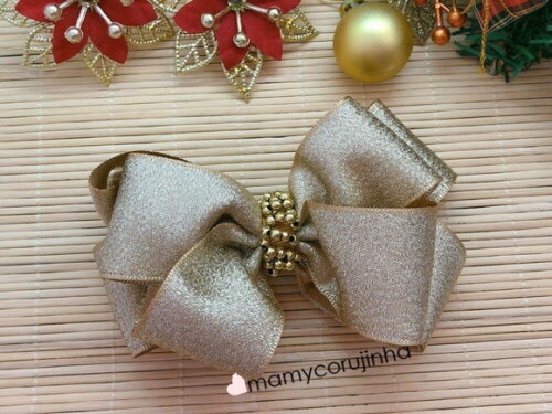 Laço gliter dourado com chuva de perolas + par de hair clips