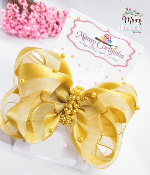 Laço Organza Chuva de Pérolas Dourada