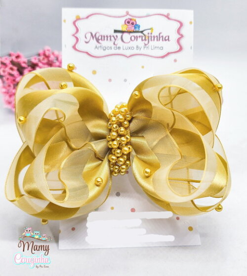 Laço Organza Chuva de Pérolas Dourada