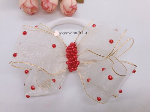 LAÇO ORGANZA CHUVA DE PÉROLAS VERMELHAS