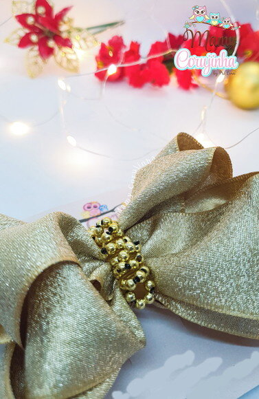Laço Organza Luxo Dourado com Chuva de Perolas 2