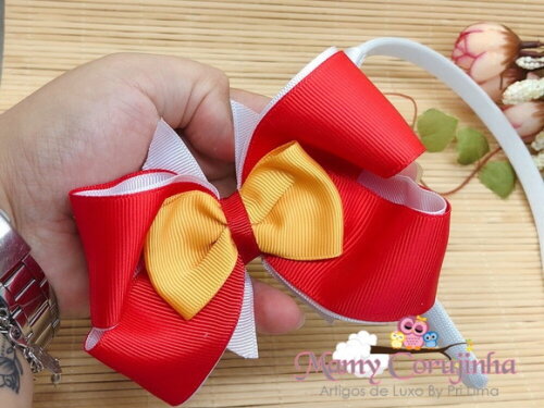 LINDO LAÇO REMOVÍVEL VERMELHO/AMARELO COM TIARA