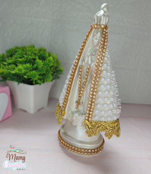 Nossa Senhora 16cm em Pedrarias Branca e Dourado