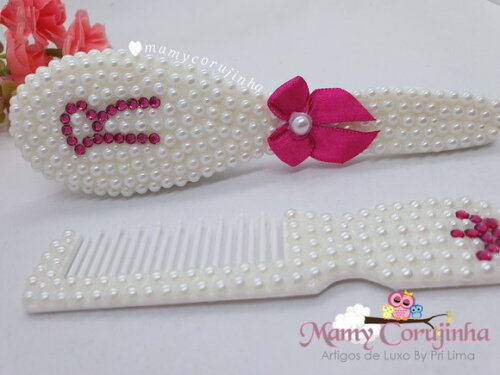 Pente + escova Branco com R pink