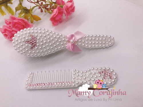 Pente + escova coroa rosa bebe