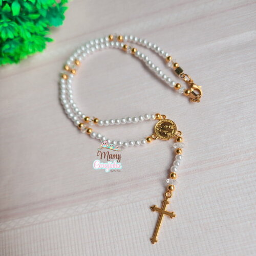 Terço Personalizado com Branco e Dourado