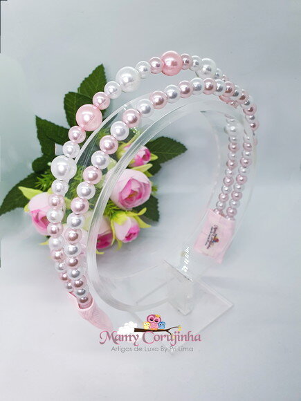 Tiara em Pérola Branco e Rosa