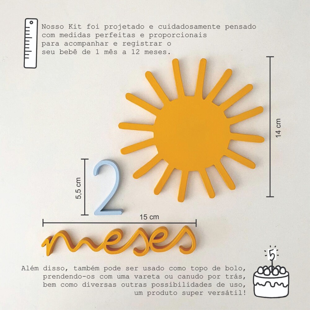Kit Mesversário Tema Sol - MDF Premium - 15 Peças - Unissex - P