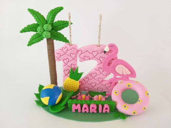 Topo de Bolo Flamingos Tropical Pool Party