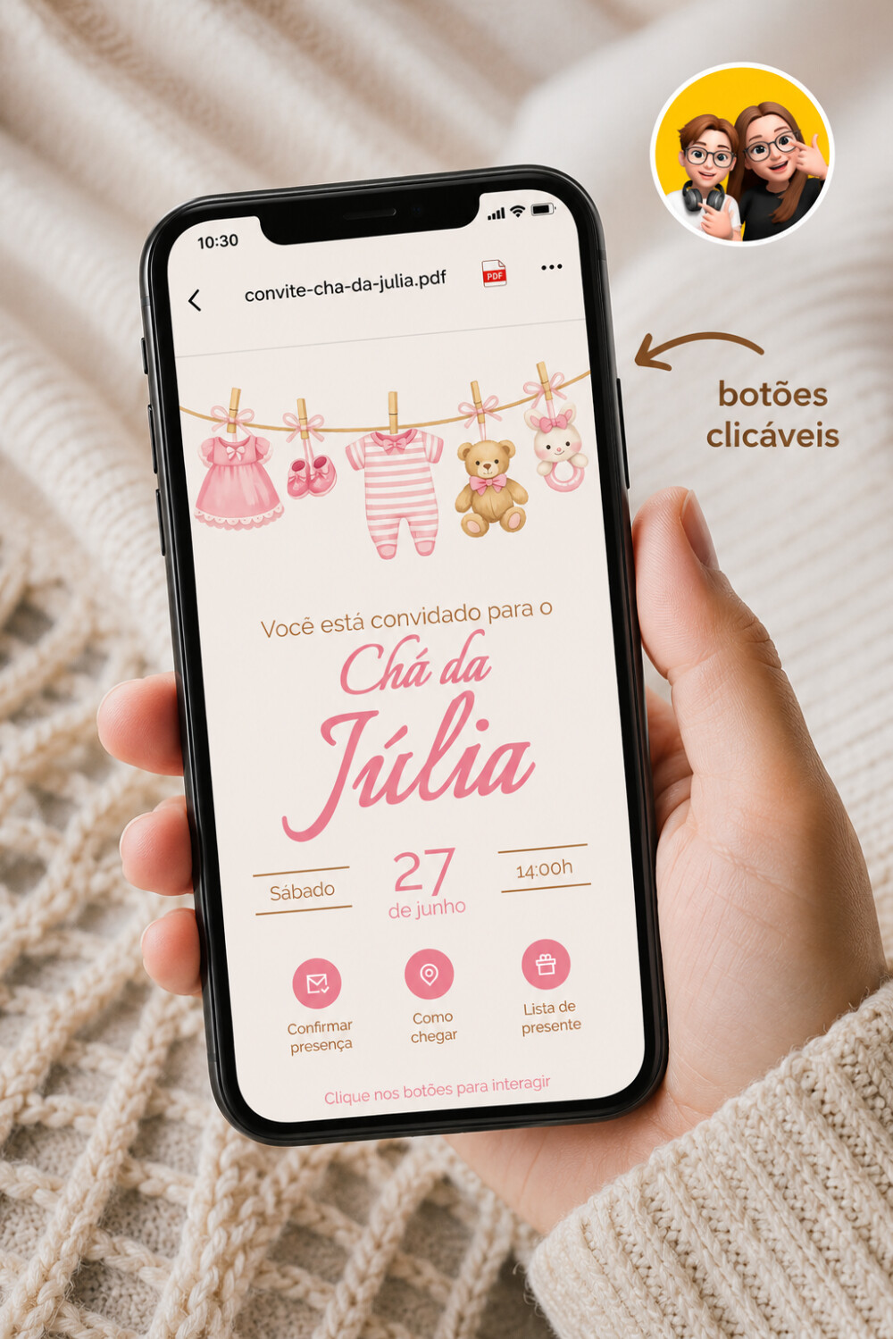 Convite Digital Interativo Chá de Bebê Menina - Modelo 1