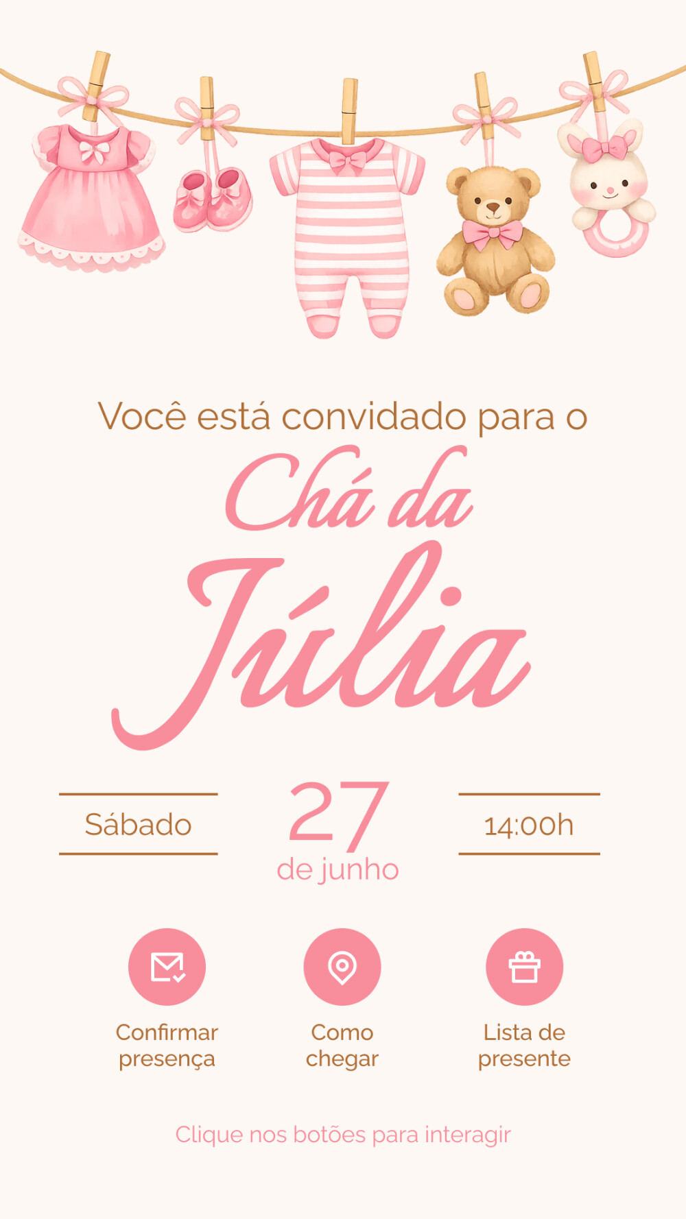 Convite Digital Interativo Chá de Bebê Menina - Modelo 1