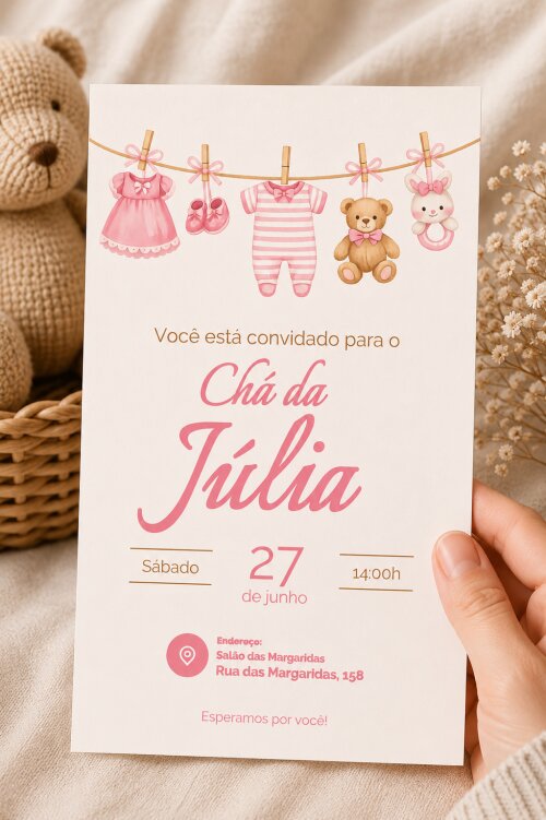 Convite Digital Chá de Bebê Menina + Convite 10x15 para Impress