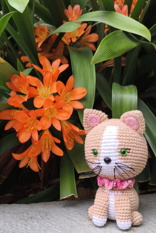 Gatinha Amigurumi Babado Rosa Olhos Verdes/Criança/Bebe/Amigurum